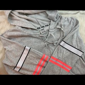 PINK Grey Lace-up Neck Hoodie